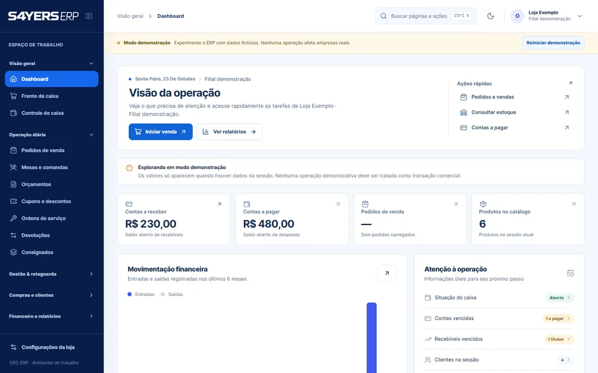 Dashboard real do S4YERS ERP em modo demonstração, com navegação, dados e ações do painel