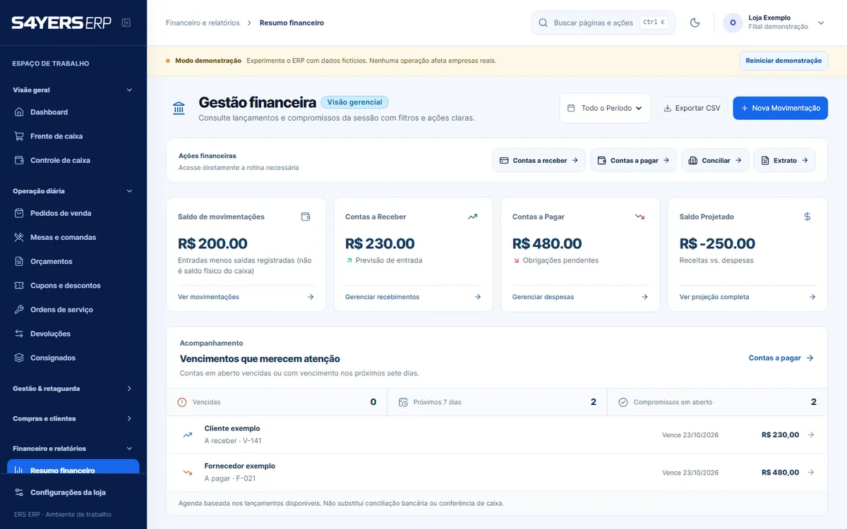 Captura real da gestão financeira com prioridades e agenda de vencimentos